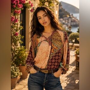 New ba&sh Women’s Faith Mixed Print Lace Up Blouse